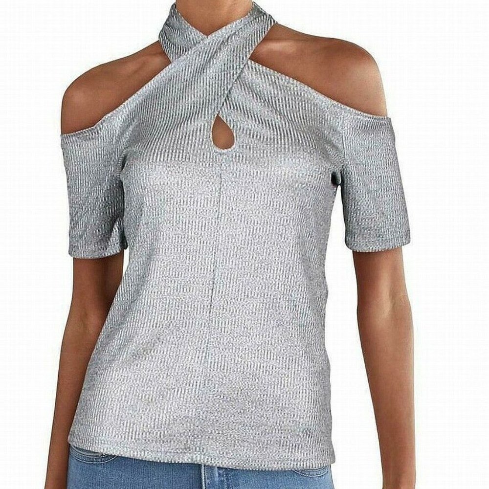 NEW!INC L keyhole choker cold shoulder top - Picture 2 of 11